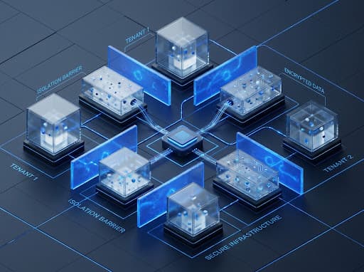 Technical 3D isometric diagram representing cloud data isolation with translucent containers and blue energy fields